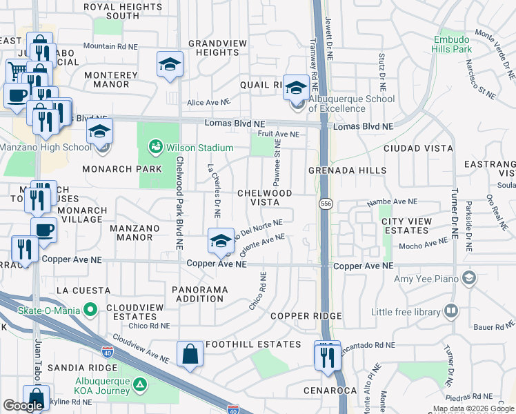 map of restaurants, bars, coffee shops, grocery stores, and more near 733 Omaha Street Northeast in Albuquerque
