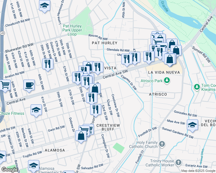 map of restaurants, bars, coffee shops, grocery stores, and more near 5101 Crestview Place Southwest in Albuquerque