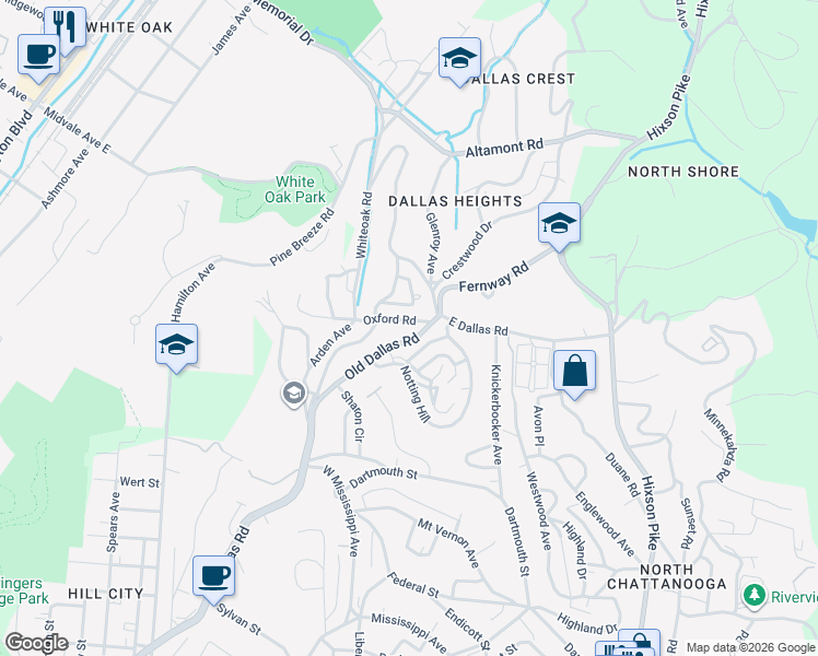map of restaurants, bars, coffee shops, grocery stores, and more near 704 Oxford Road in Chattanooga