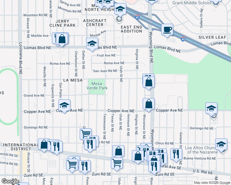 map of restaurants, bars, coffee shops, grocery stores, and more near 500 Texas Street Northeast in Albuquerque