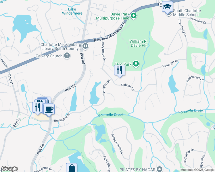 map of restaurants, bars, coffee shops, grocery stores, and more near 5119 Bevington Place in Charlotte