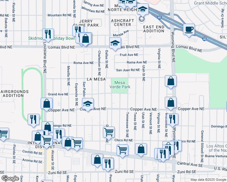 map of restaurants, bars, coffee shops, grocery stores, and more near 512 Pennsylvania Street Northeast in Albuquerque