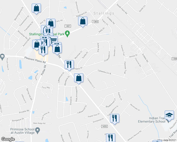 map of restaurants, bars, coffee shops, grocery stores, and more near 309 Catawba Circle South in Matthews