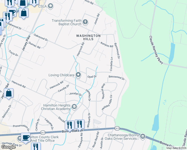 map of restaurants, bars, coffee shops, grocery stores, and more near 7852 Opal Drive in Chattanooga