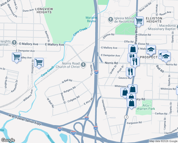map of restaurants, bars, coffee shops, grocery stores, and more near 2311 Norris Circle in Memphis