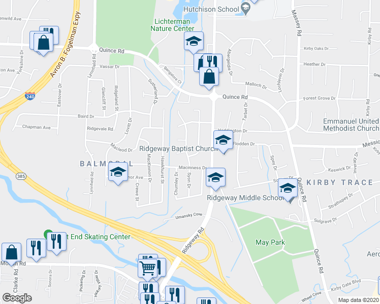 map of restaurants, bars, coffee shops, grocery stores, and more near 2459 Cardigan Drive in Memphis