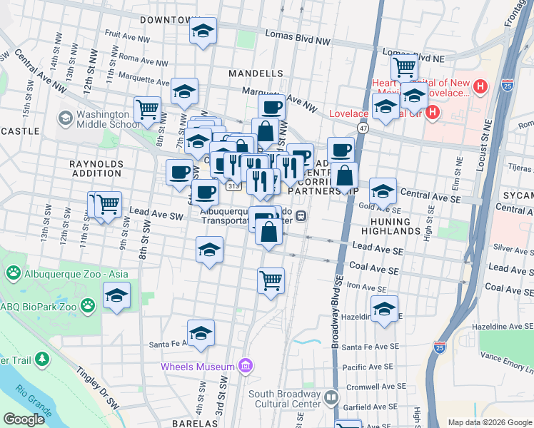 map of restaurants, bars, coffee shops, grocery stores, and more near 308 Titanium Street in Albuquerque