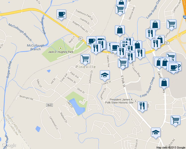 map of restaurants, bars, coffee shops, grocery stores, and more near 413 Johnston Dr in Pineville