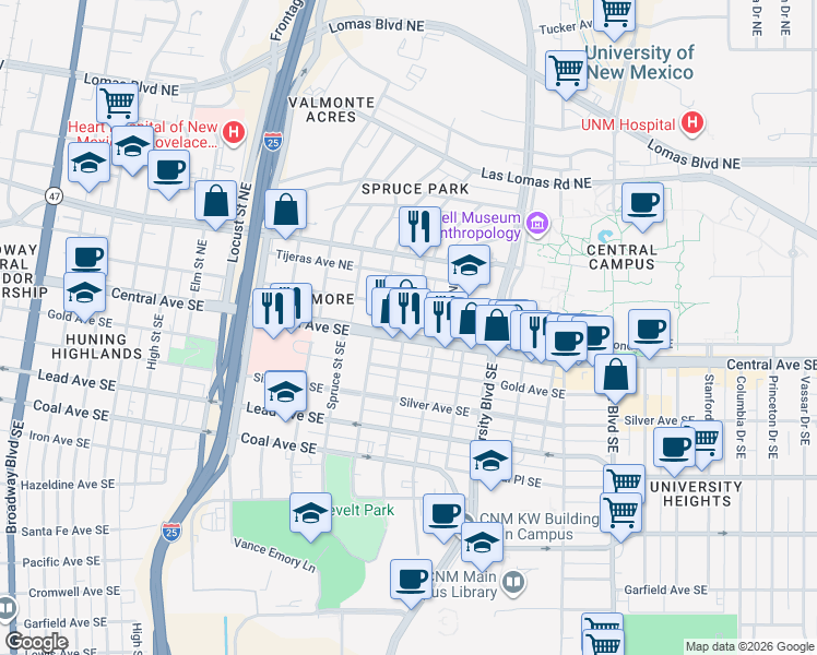 map of restaurants, bars, coffee shops, grocery stores, and more near 103 Maple Street Northeast in Albuquerque