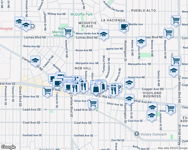 map of restaurants, bars, coffee shops, grocery stores, and more near 300 Aliso Drive Northeast in Albuquerque