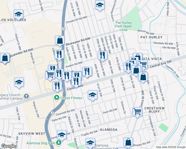 map of restaurants, bars, coffee shops, grocery stores, and more near 116 Knotts Landing Court Northwest in Albuquerque
