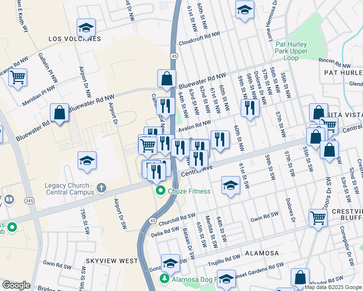 map of restaurants, bars, coffee shops, grocery stores, and more near 151 65th Street Northwest in Albuquerque