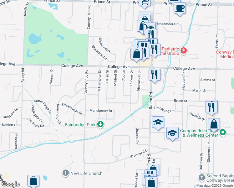 map of restaurants, bars, coffee shops, grocery stores, and more near 304 Mildred Street in Conway