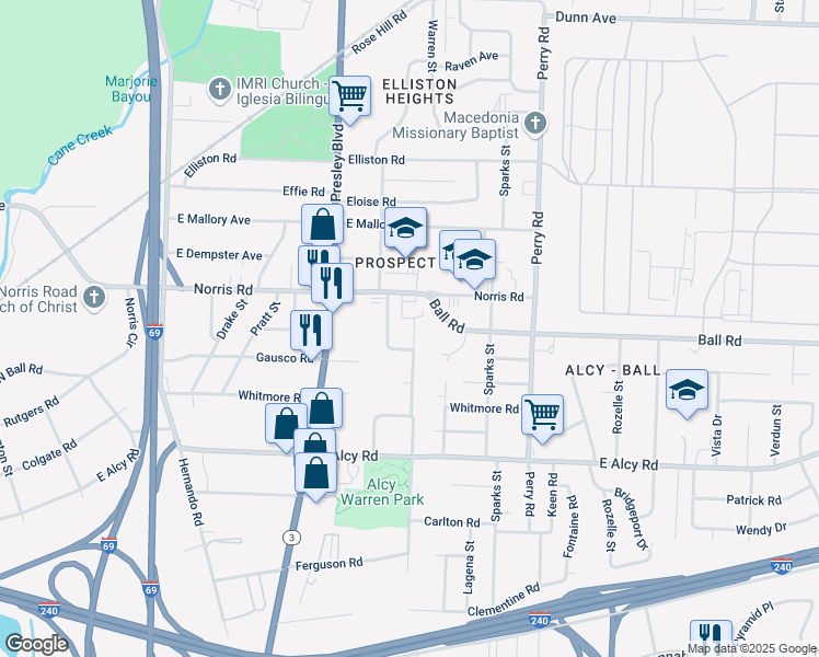 map of restaurants, bars, coffee shops, grocery stores, and more near 2317 East Warren Street in Memphis