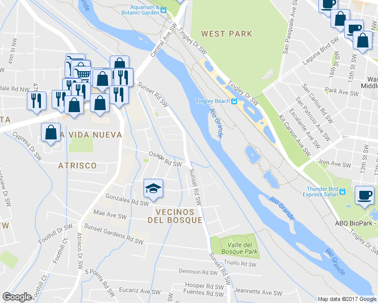 map of restaurants, bars, coffee shops, grocery stores, and more near 215 Anna Maria Place Southwest in Albuquerque