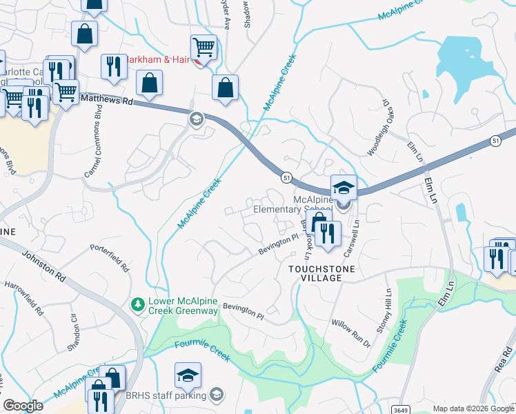 map of restaurants, bars, coffee shops, grocery stores, and more near 6809 Fisher's Farm Lane in Charlotte