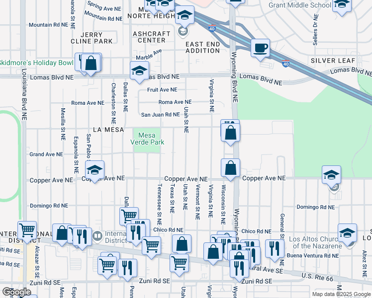map of restaurants, bars, coffee shops, grocery stores, and more near 507 Vermont Street Northeast in Albuquerque