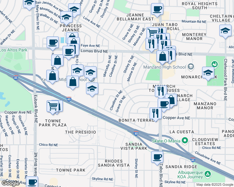map of restaurants, bars, coffee shops, grocery stores, and more near 11540 Angelina Place Northeast in Albuquerque