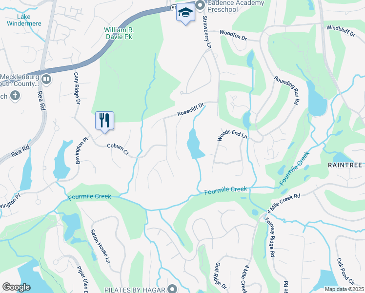 map of restaurants, bars, coffee shops, grocery stores, and more near 4331 Rosecliff Drive in Charlotte