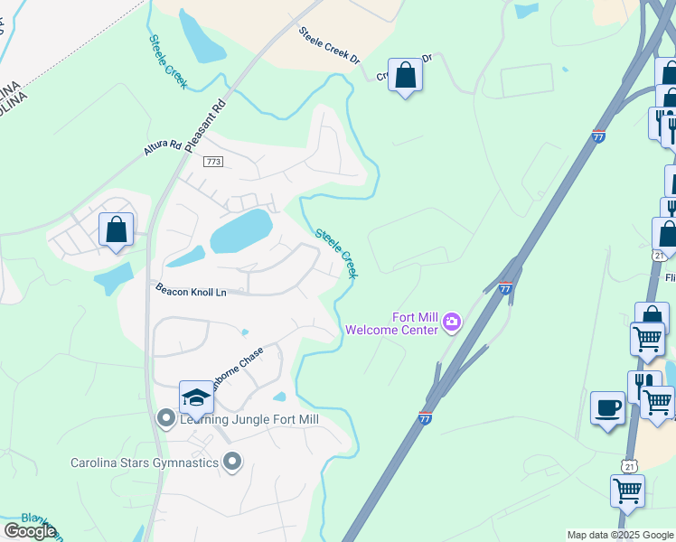 map of restaurants, bars, coffee shops, grocery stores, and more near 612 Landsdowne Court in Fort Mill