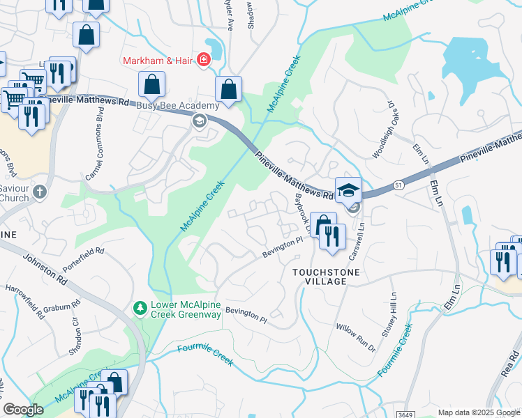 map of restaurants, bars, coffee shops, grocery stores, and more near 6809 Fishers Farm Lane in Charlotte