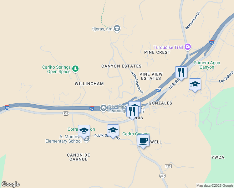 map of restaurants, bars, coffee shops, grocery stores, and more near 34 Turquoise Trail in Tijeras