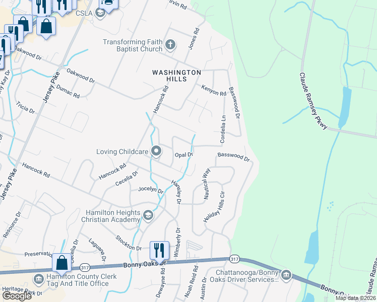 map of restaurants, bars, coffee shops, grocery stores, and more near 7852 Opal Dr in Chattanooga