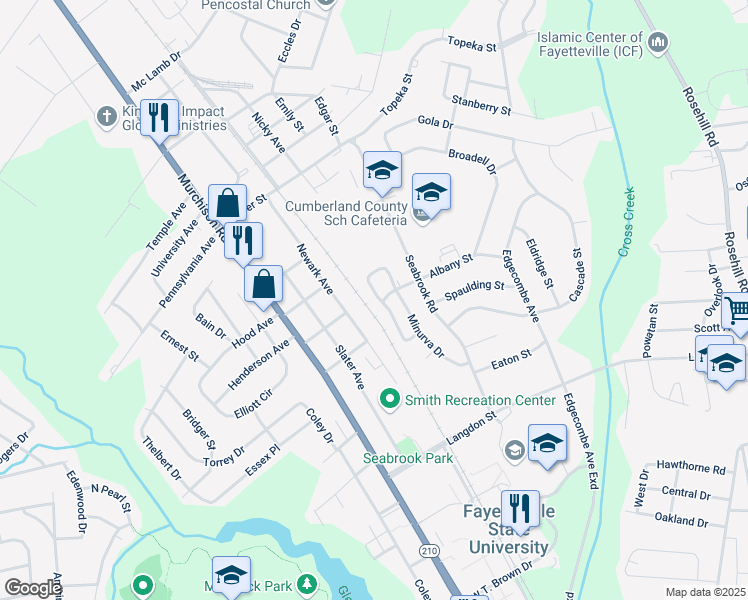 map of restaurants, bars, coffee shops, grocery stores, and more near 1724 Patterson Circle in Fayetteville