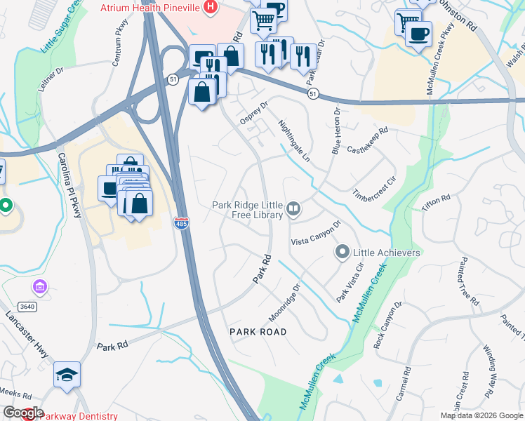 map of restaurants, bars, coffee shops, grocery stores, and more near 11408 Park Road in Charlotte