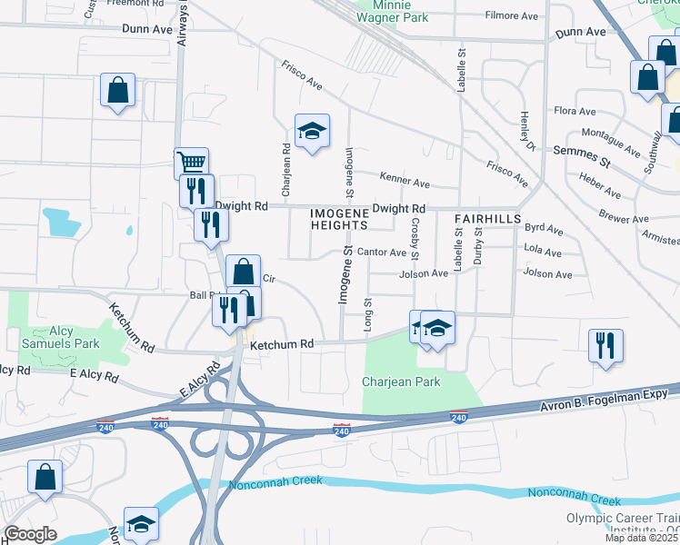 map of restaurants, bars, coffee shops, grocery stores, and more near 2323 Imogene Street in Memphis