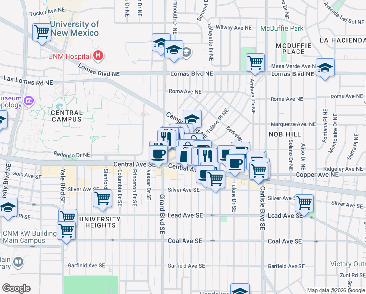 map of restaurants, bars, coffee shops, grocery stores, and more near 3017 Monte Vista Boulevard Northeast in Albuquerque