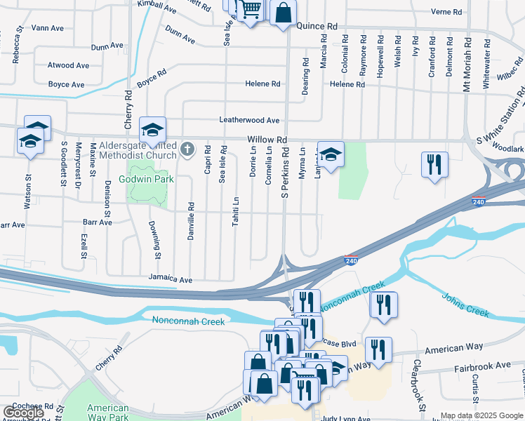 map of restaurants, bars, coffee shops, grocery stores, and more near 4606 Mallory Road in Memphis