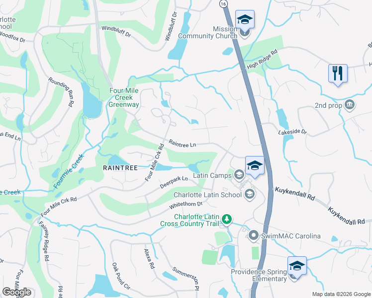 map of restaurants, bars, coffee shops, grocery stores, and more near 9204 Raintree Lane in Charlotte