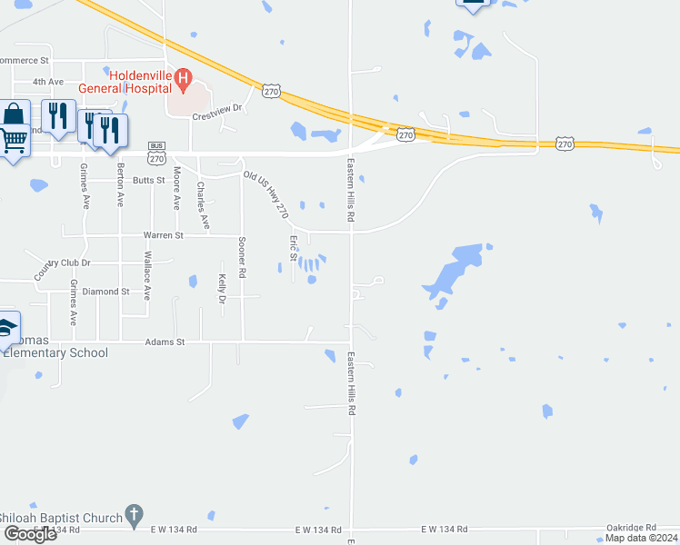 map of restaurants, bars, coffee shops, grocery stores, and more near 401 Eastern Hills Road in Holdenville