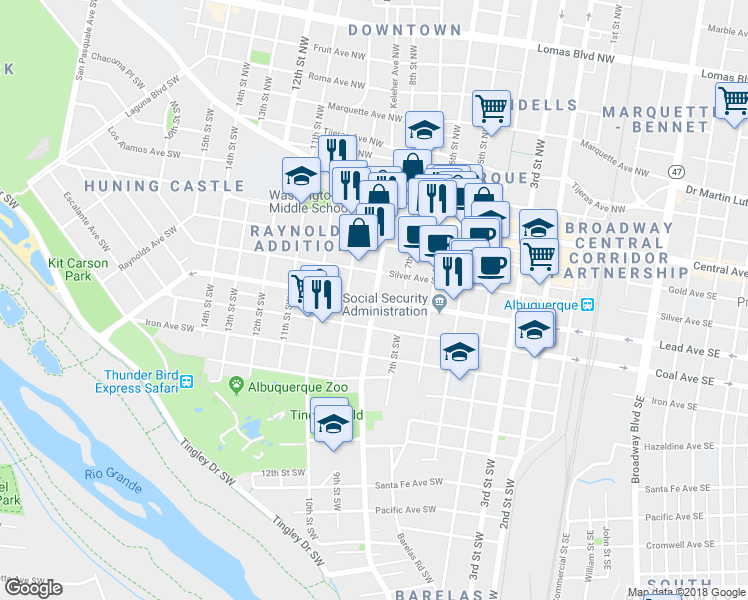 map of restaurants, bars, coffee shops, grocery stores, and more near 800 Lead Avenue Southwest in Albuquerque