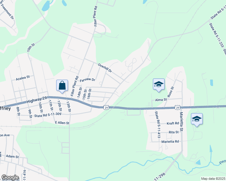 map of restaurants, bars, coffee shops, grocery stores, and more near 305 River Drive in Gaffney