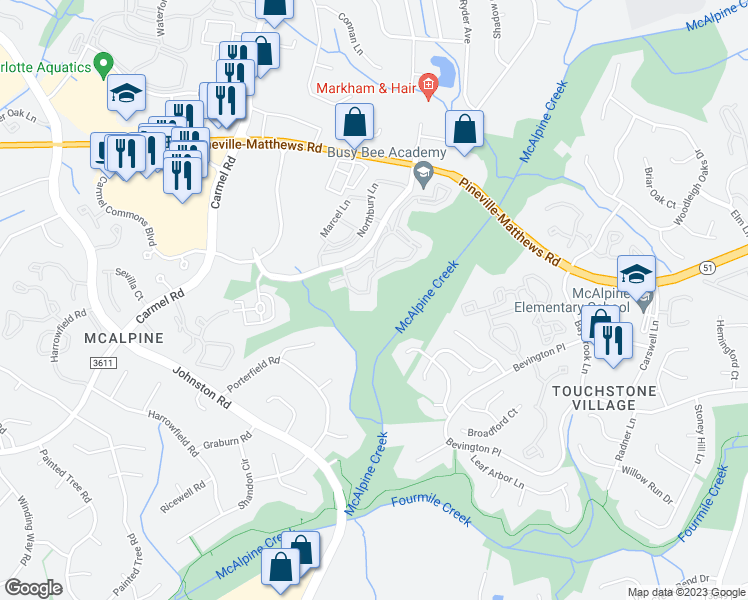 map of restaurants, bars, coffee shops, grocery stores, and more near 6772 Poppy Hills Lane in Charlotte