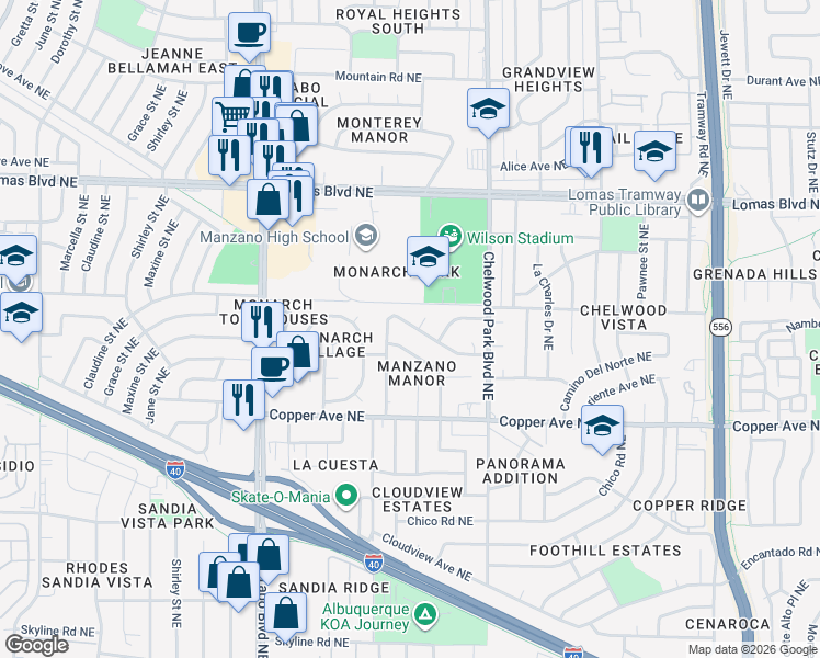 map of restaurants, bars, coffee shops, grocery stores, and more near 12420 Grand Avenue Northeast in Albuquerque