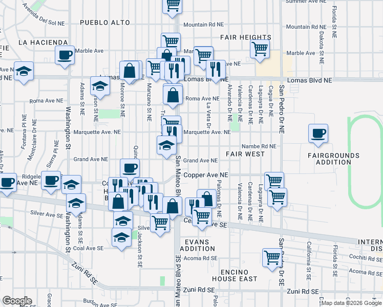 map of restaurants, bars, coffee shops, grocery stores, and more near 505 Ortiz Drive Northeast in Albuquerque