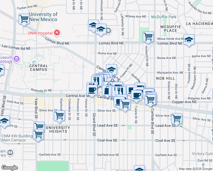 map of restaurants, bars, coffee shops, grocery stores, and more near 3017 Monte Vista Boulevard Northeast in Albuquerque