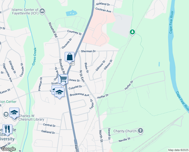 map of restaurants, bars, coffee shops, grocery stores, and more near 1705-1755 Gilmore St in Fayetteville