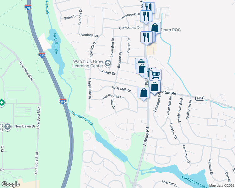 map of restaurants, bars, coffee shops, grocery stores, and more near 6522 Bonnie Bell Lane in Fayetteville