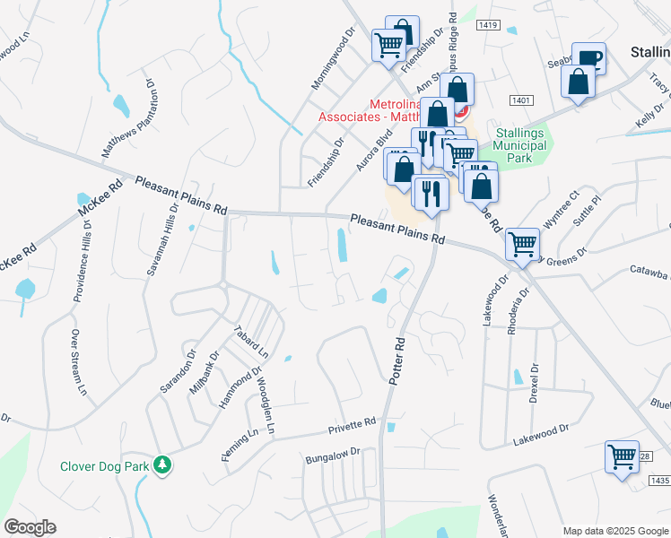 map of restaurants, bars, coffee shops, grocery stores, and more near 249 Arlington Downs Boulevard in Matthews