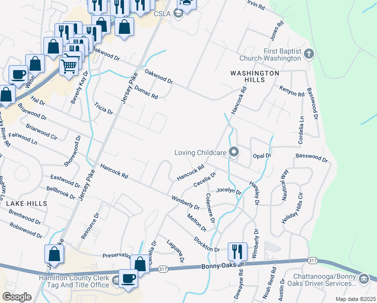 map of restaurants, bars, coffee shops, grocery stores, and more near 6227 Hansley Drive in Chattanooga