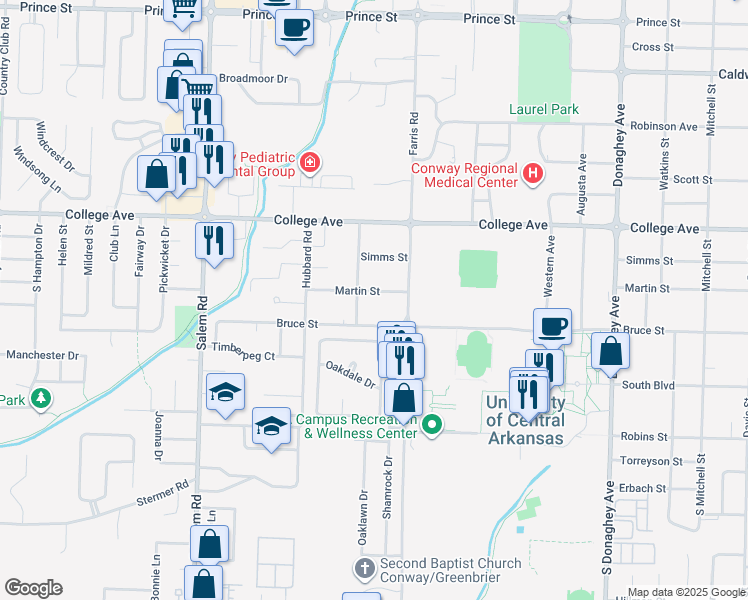 map of restaurants, bars, coffee shops, grocery stores, and more near 2515 Martin Street in Conway