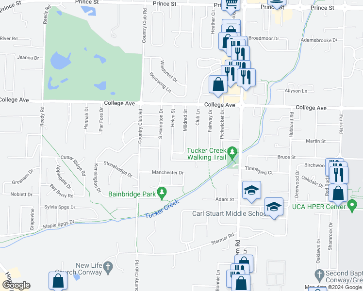 map of restaurants, bars, coffee shops, grocery stores, and more near 304 Mildred Street in Conway