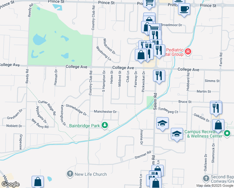 map of restaurants, bars, coffee shops, grocery stores, and more near 304 Mildred Street in Conway