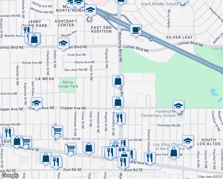 map of restaurants, bars, coffee shops, grocery stores, and more near 513 Wisconsin Street Northeast in Albuquerque