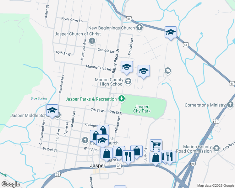 map of restaurants, bars, coffee shops, grocery stores, and more near Warrior Drive in Jasper