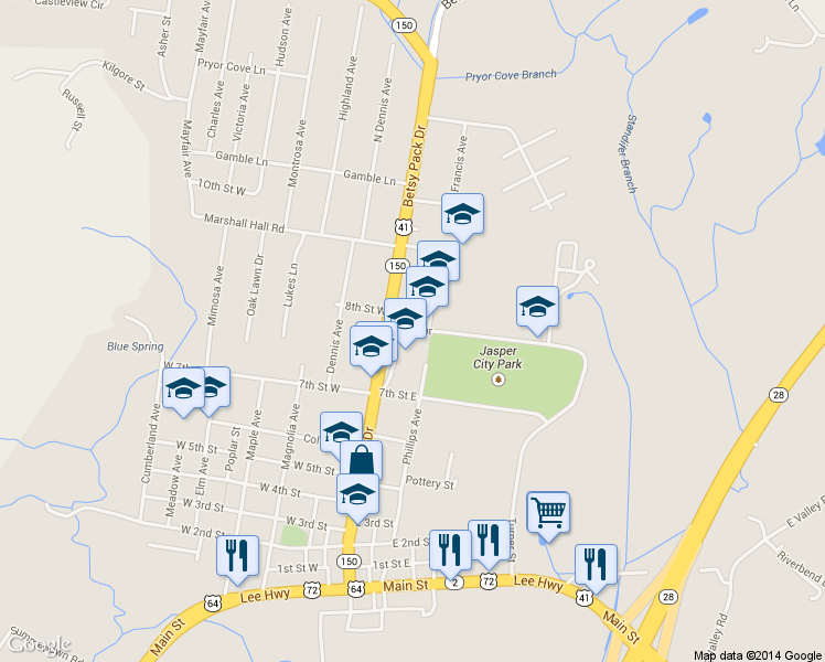 map of restaurants, bars, coffee shops, grocery stores, and more near Warrior Drive in Jasper